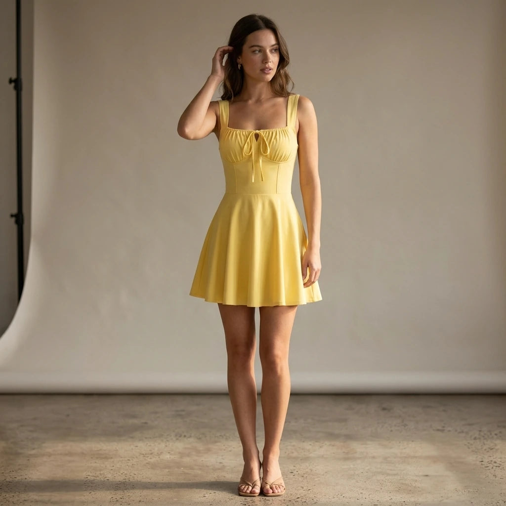 Natural lifestyle image of a model wearing Yellow Square Neck Ruched Mini Dress