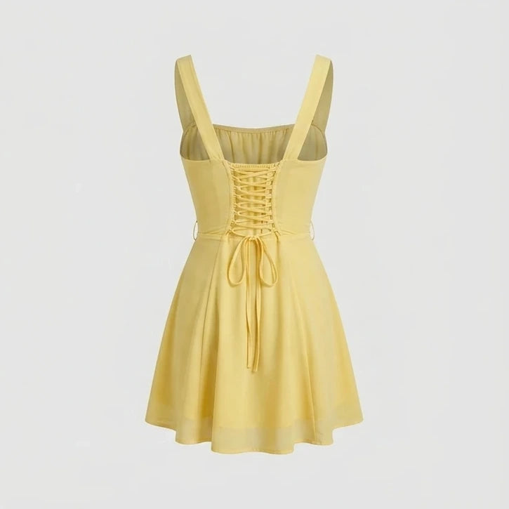 Back product-only image of Yellow Square Neck Ruched Mini Dress