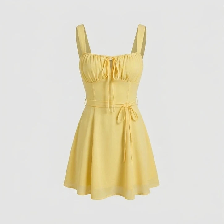 Front product-only image of Yellow Square Neck Ruched Mini Dress