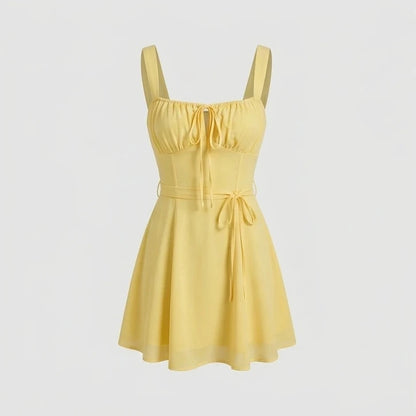 Front product-only image of Yellow Square Neck Ruched Mini Dress
