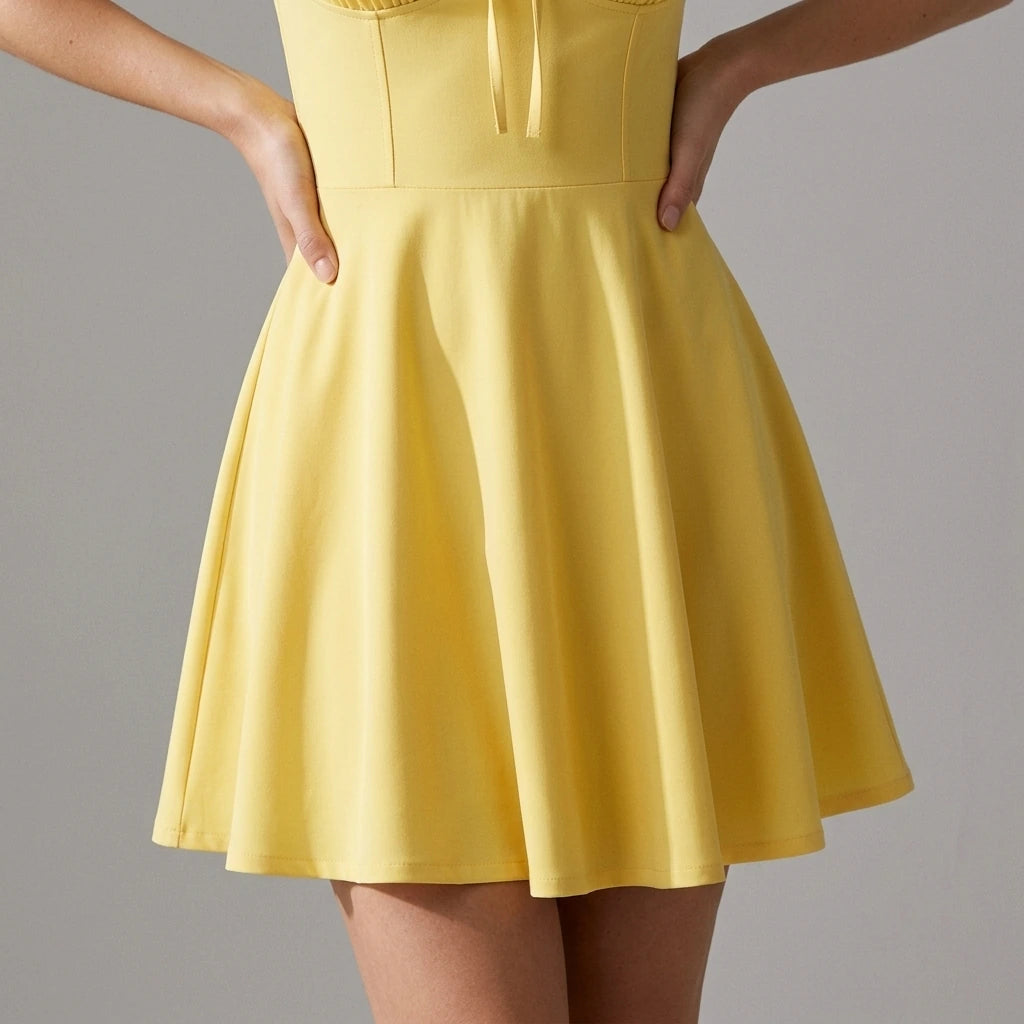 Model wearing Yellow Square Neck Ruched Mini Dress with close focus on the product